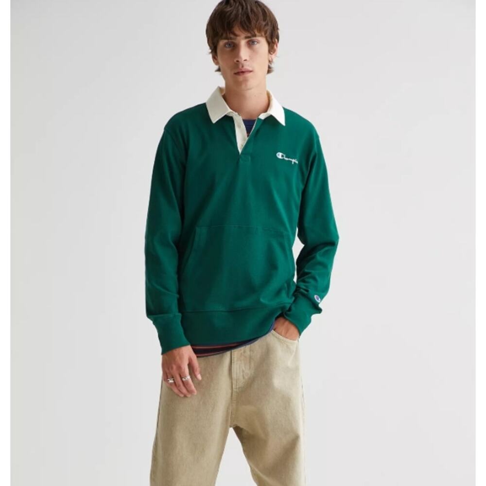 Sm Champion Kanga Pocket Rugby Shirt Green Preppy Retro Blokecore Lad Football
